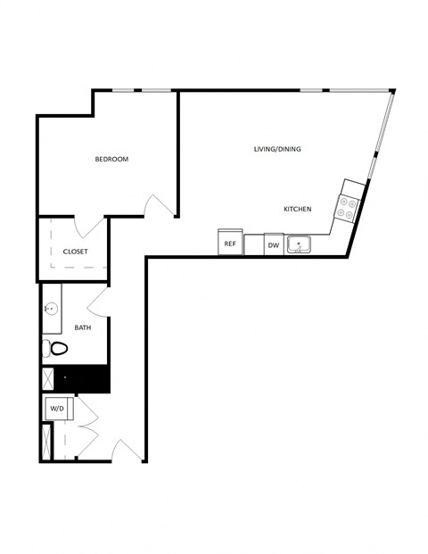 Floor plan for 1 bed, 1 bath, 821 sqft